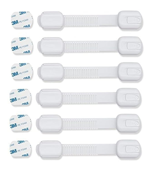 Child Safety Cabinet Locks (6 Pack) – Adjustable Baby Proofing Strap Latches with Strong 3M Adhesive – No Drill Childproof Locks for Drawers, Cabinets, Fridge, Door, Closet, White