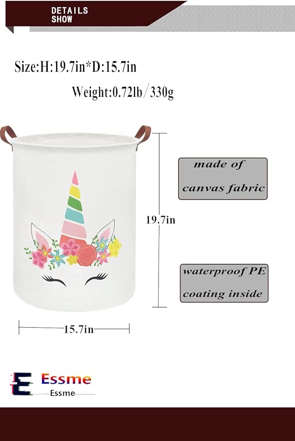 ESSME Unicorn Hamper,Kids Laundry Basket Collapsible Canvas Waterproof Girls Hamper for Girls Room Decor, Nursery Hamper,Gift Baskets,Bedroom,(unicorn decor)