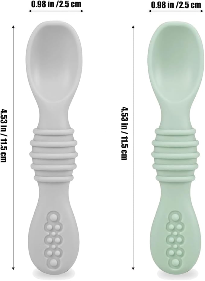 PandaEar Silicone Baby Feeding Set| 2 Pack Silicone Divided Suction Plate with 2 Pack Spoons | Baby Led Weaning Supplies Self Feeding Eating Utensils (Green/Grey)