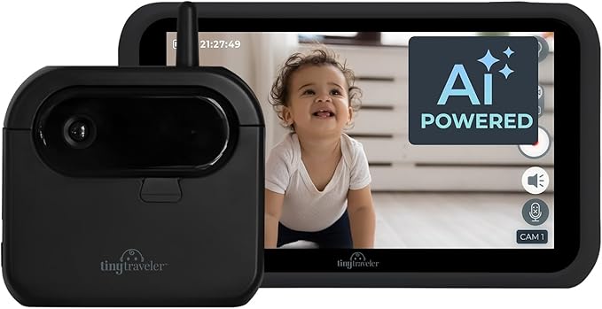 Tiny Traveler Ai Smart Wireless Baby Car Monitor with Power Bank - AI-Powered Safety Alerts: Cry/Laugh/Stand Detection, Virtual Fence, Long Range 1000ft Night Vision Lullabies Night Light - Black