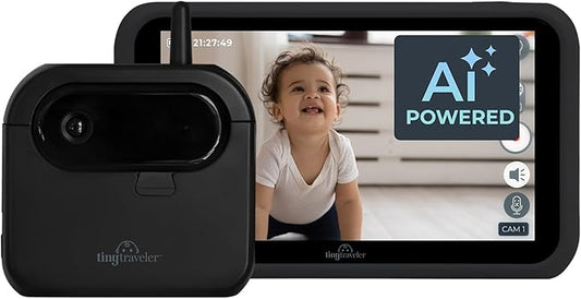 Tiny Traveler Ai Smart Wireless Baby Car Monitor with Power Bank - AI-Powered Safety Alerts: Cry/Laugh/Stand Detection, Virtual Fence, Long Range 1000ft Night Vision Lullabies Night Light - Black