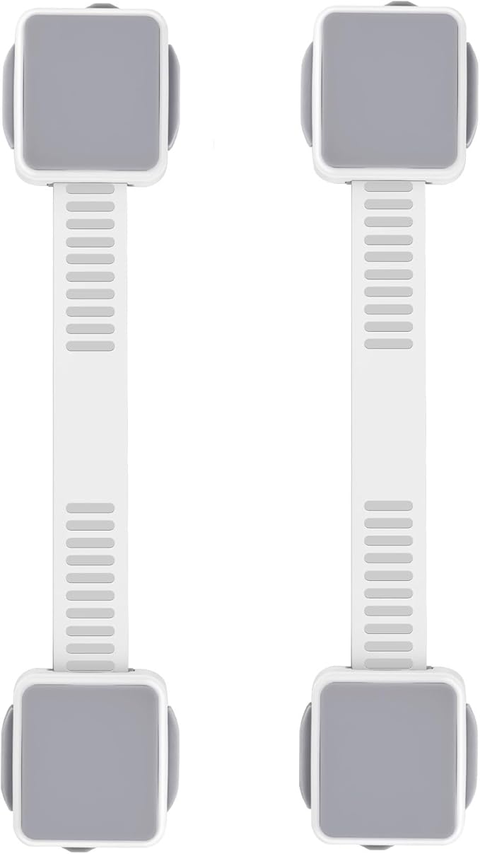 2 Pack Child Safety Cabinet Locks for Baby Proofing, Length Adjustable Latch Straps Dual Button Design for Drawers Fridge Refrigerator Doors Toilet Seat Oven