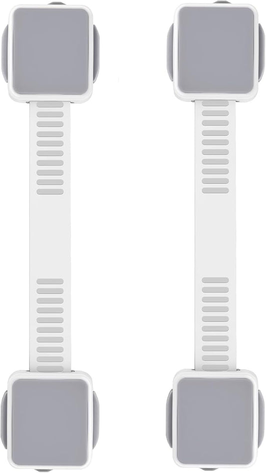 2 Pack Child Safety Cabinet Locks for Baby Proofing, Length Adjustable Latch Straps Dual Button Design for Drawers Fridge Refrigerator Doors Toilet Seat Oven