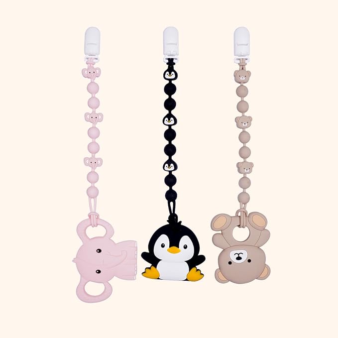 Cute Animal Baby Food Grade Silicone Teether Toy with One Piece Design Pacifier Clip Holder,Teething Pain Relief Toys Gift Set for 3 Months+ Boys and Girls,Freezer Safe,BPA Free (Elephant)