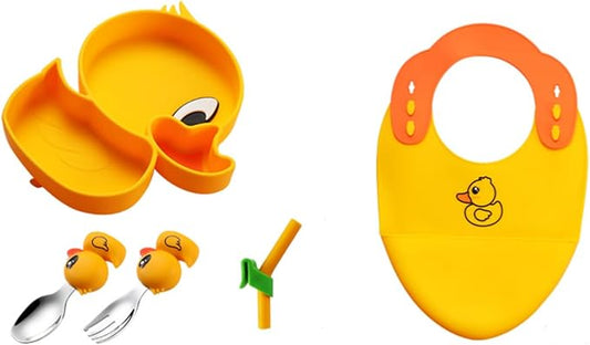 Ecrekhom Silicone Baby Feeding Set (5-Piece), Essential for Baby Food, Yellow Duck-Shaped Baby Plate, Food-Grade Silicone Material with High Temperature Resistance, Includes Bib, Yellow