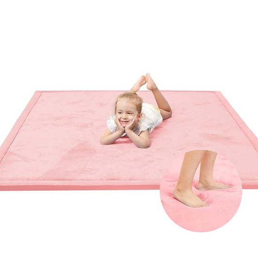 Huloo Sleep Baby Play Mat for Floor,1.3" Thick Elasti-Foam 50x50 Playpen Mat for Toddlers Infant Kids,Water-Repellent Soft Coral Velvet Tummy Time Mats,Non Slip Crawling Mats,Tatami Style(Pink)