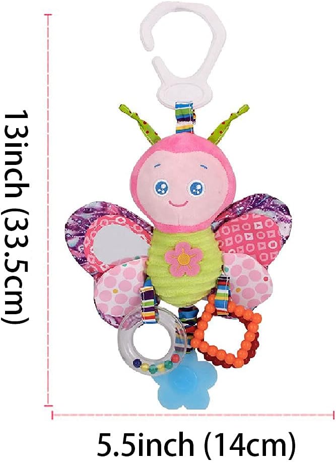 D-KINGCHY Baby Car Seat Stroller Plush Hanging Rattle Toys Newborn Crib Bed Around Toy with Teether Rattle Sound for 0-3 Years Old (Butterfly)