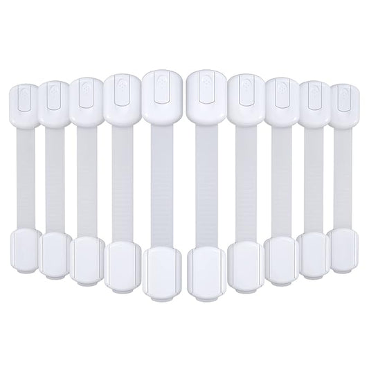 4our Kiddies 10 Pack Baby Proof Cabinet Latches, Childproof Drawer Latches with 6 Extra 3M Adhesives, Adjustable Child Safety Cabinet Strap Locks, Baby Drawer Locks for Kids and Child Safety