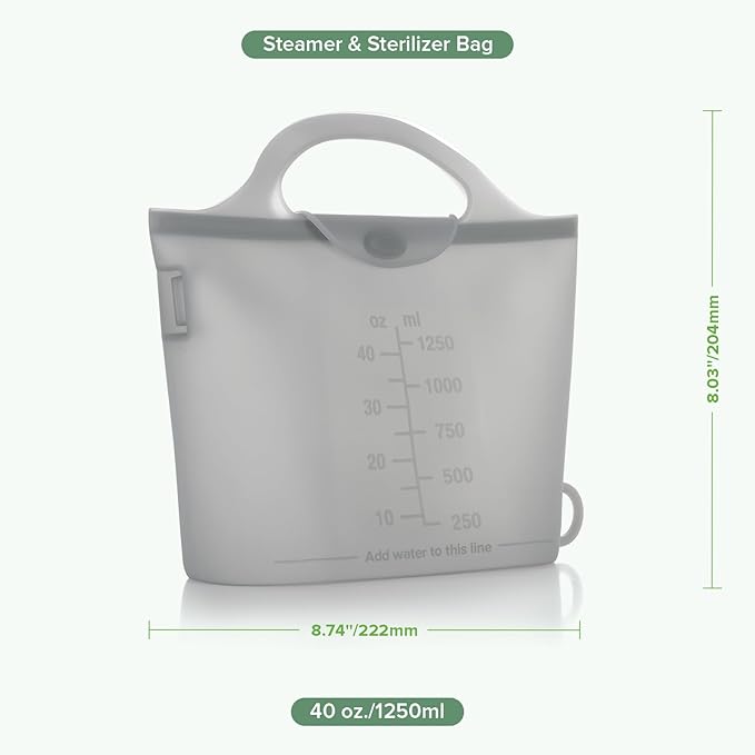 Haakaa On-The-Go Silicone Microwave Steam Sterilizer Bags for Travel, 40oz/1250ml Reusable Silicone Steaming Bags for Baby Bottles, Breast Pump, Accessories, Pacifiers, Teethers,Grey/1PC