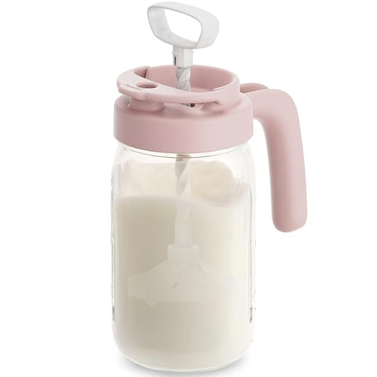 Papablic Glass Breastmilk Pitcher, Fast Baby Formula Maker with Mixing Handle Lid, Wide Mouth Mason Jar Breast Milk Storage Container with Flip-Lock Spout, BPA-Free, Pink