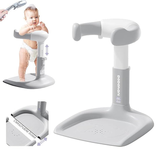 Baby Shower Stand 2025 Upgraded, Removable base, Shower Standing Support with Adjustable Height and Armrest, Bath Stand with Anti-Skip and Shower Head Holder, Ideal Gift for Infants 6-36 Months (grey)