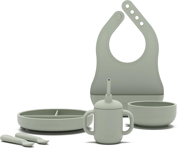 Lalo First Bites Silicone Baby Feeding Set - Baby Led Weaning Supplies - Non-Toxic Silicone - Includes 1 Bib, 2 Spoons, Training Cup, Suction Plate and Bowl - 6 Pieces - Sage
