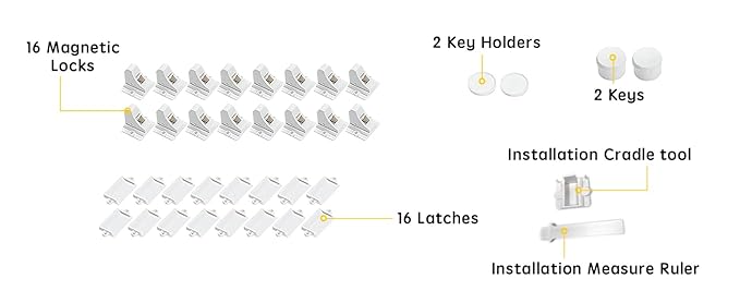 Vmaisi 16 Pack Child Safety Magnetic Cabinet Locks - Children Proof Cupboard Baby Locks Latches - Adhesive for Cabinets & Drawers and Screws Fixed for Protection