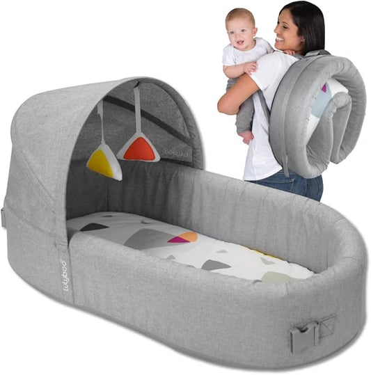 Lulyboo Portable Baby Travel Lounge & Playpen - Indoor/Outdoor Cuddle & Play Baby Bed, Adjustable Backpack, Waterproof, Lightweight, Includes Changing Pads, Plush Toys & Removable Canopy (Metro)