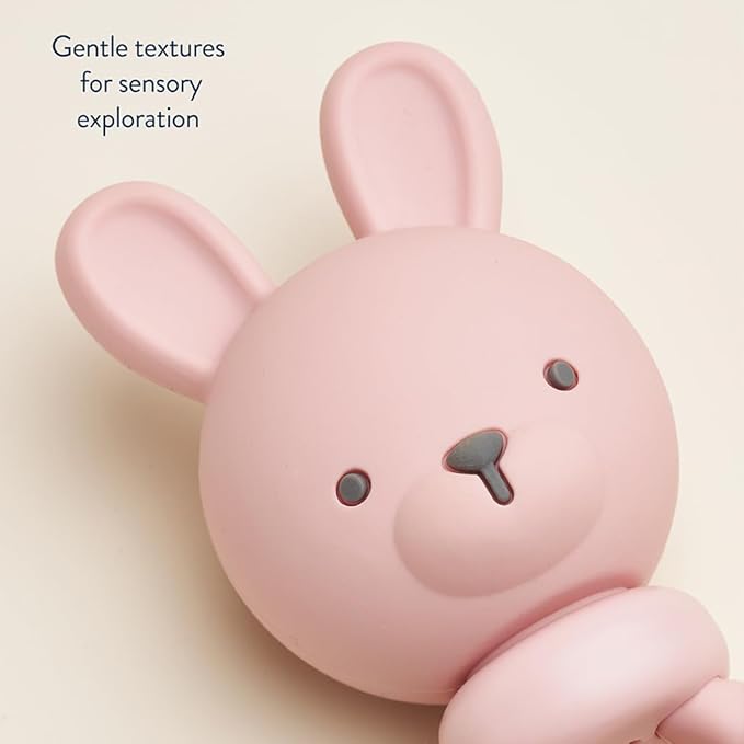 Itzy Ritzy Silicone Rattle Toy – Soothing Teething Toy with Soft Jingle Sound & Easy-Grip Textured Handle - for Ages 3 Months and Up (Bunny)