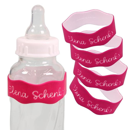 InchBug Orbit Labels Baby Bottle and Water Bottle Silicone Name Bands Personalized Reusable Label Set for Daycare, Sippy Cups, Preschool, Elementary School, Dishwasher Safe, 4-Pack (Wild Berry Punch)
