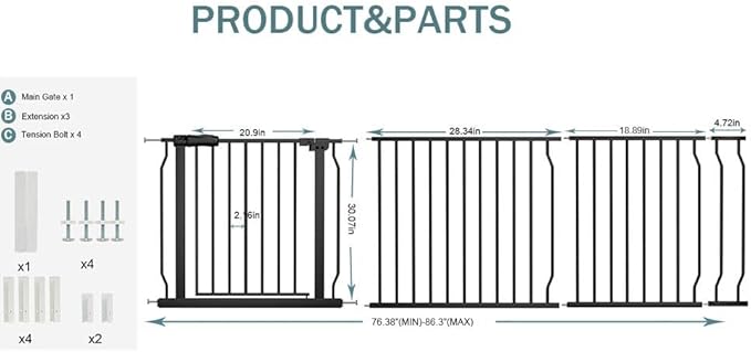 COSEND Extra Wide Baby Dog Gates for Doorways Tension Indoor Safety Gates Black Metal Large Pressure Mounted Pet Gate Walk Through Dog Gate for The House Stairs (Black, 76.38"-86.3"/194-219CM)