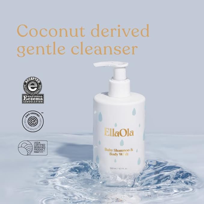 ELLAOLA Tear Free Baby Shampoo & Body Wash - Organic, Hypoallergenic Baby + Kid Soap Hydrates & Nourishes While Gently Cleansing Sensitive Skin, Fragrance Free | 10.1 fl. oz.