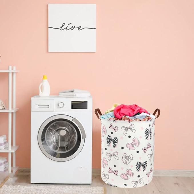 ESSME Pink Girls Hamper,Pink Laundry Hamper,Girls Laundry Hamper, Cute Storage Bin for Room Decor,Baby Girl Laundry Basket, Nursery Hamper,Gift Baskets,Home Organizer(Bowknot)