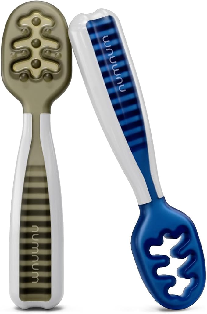 NumNum Baby Spoons Set, Baby Essentials Pre-Spoon GOOtensils for 6+ Months, First Stage Self-Feeding Spoons for Baby Led Weaning (BLW), Silicone Toddler Utensils, BPA-Free, 2 Pack Olive/Newbury Navy