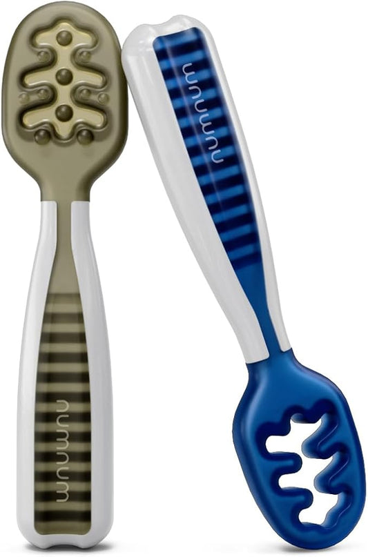 NumNum Baby Spoons Set, Baby Essentials Pre-Spoon GOOtensils for 6+ Months, First Stage Self-Feeding Spoons for Baby Led Weaning (BLW), Silicone Toddler Utensils, BPA-Free, 2 Pack Olive/Newbury Navy