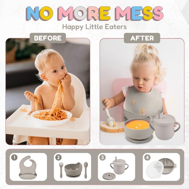Joline Designs Silicone Baby Feeding Set - Perfect silicone plates for baby & Toddler Plates with lids, Baby Bowls with Suction, Baby Utensils - Baby Led Weaning Supplies & Eating Essentials - (Gray)