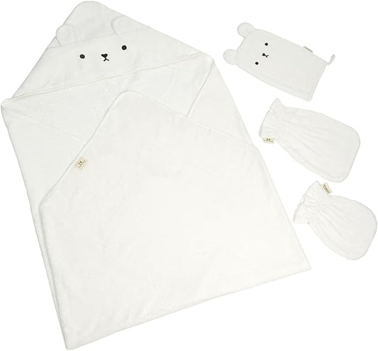 SILI FACTORY Hooded Baby Towels, 100% Cotton, Ultra-Soft & Absorbent Baby Bath Towels with Bath Mitt, Baby Bath Towels for Newborn, Infant, Toddler and Kids,4 Piece,39"x 39", (Bear-White)