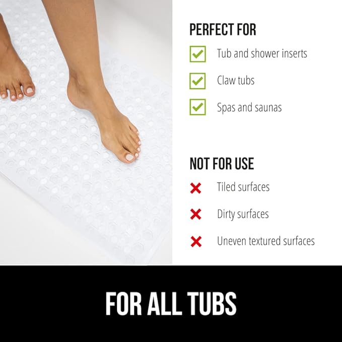 GORILLA GRIP Patented Bath Tub Shower Mat, Machine Washable Bathtub Floor Liner Mats, Suction Cups and Drain Holes to Keep Tubs Clean, Soft on Feet, Bathroom Essentials, 35x16 Inch, White