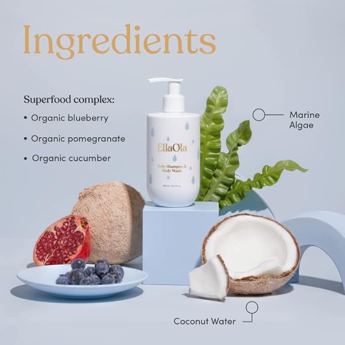 ELLAOLA Tear Free Baby Shampoo & Body Wash - Organic, Hypoallergenic Baby + Kid Soap Hydrates & Nourishes While Gently Cleansing Sensitive Skin, Fragrance Free | 10.1 fl. oz.