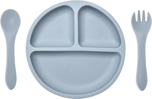 Silicone Baby Feeding Set, Includes Baby Spoons, Toddler Plates and Baby Fork, Suction Plates for Toddlers Divided Design, Microwave and Dishwasher Safe (C-2)