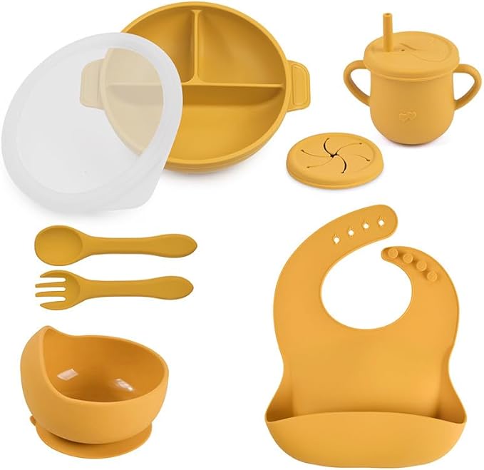 Joline Designs Silicone Baby Feeding Set - Perfect silicone plates for baby & Toddler Plates with lid, Baby Bowls with Suction, Baby Utensils - Baby Led Weaning Supplies & Eating Essential - (Yellow)