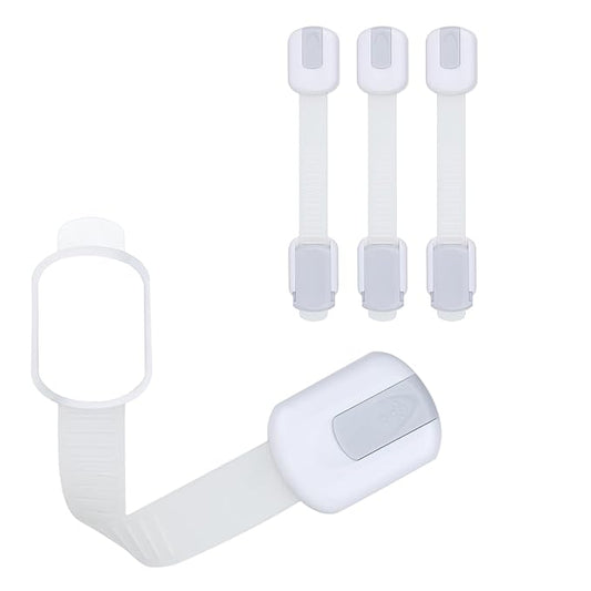 Child Safety Cabinet Locks (4 Pack) – Adjustable Baby Proofing Strap Latches with Strong 3M Adhesive – No Drill Childproof Locks for Drawers, Cabinets, Fridge, Door, Closet, Grey