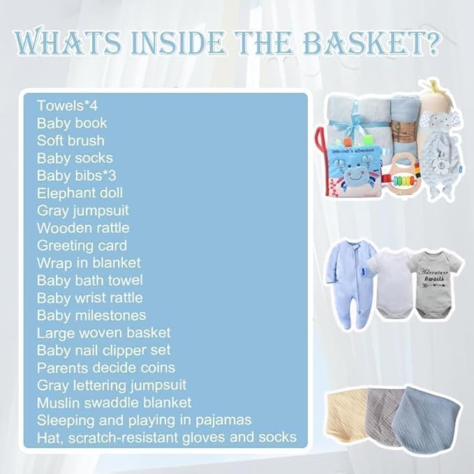 27-Piece Baby Shower Gifts for Boys, Newborn Essentials Must Haves,Large Baby Boy Gift Basket Set Essential Stuff,Gender Reveal Gifts,Rattle Swaddle,Blue,Baby Registry Search,Diaper Caddy Organizer