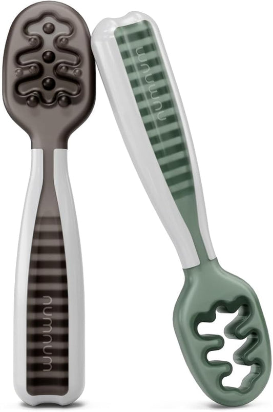 NumNum Baby Spoons Set, Baby Essentials Pre-Spoon GOOtensils for 6+ Months, First Stage Self-Feeding Spoons for Baby Led Weaning (BLW), Silicone Toddler Utensils, BPA-Free, 2 Pack Gray/Green