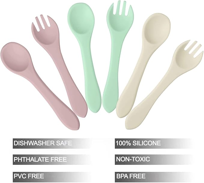 PandaEar Silicone Baby Spoon and Fork Set | 6 Pack First Stage Toddler Self Feeding Utensils 6-12 Months | LED Weaning Spoons