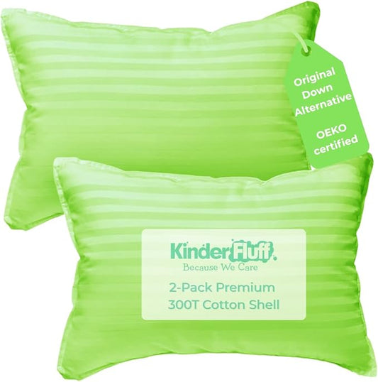 kinder Fluff Toddler Pillows (2-Pack) 13x18in - Small Pillow for Kids Age 2+, 100% Cotton Sateen Stripes Shell 300T, Down Alternative Fill, Machine Washable - Children & Travel Cushion - Green- S
