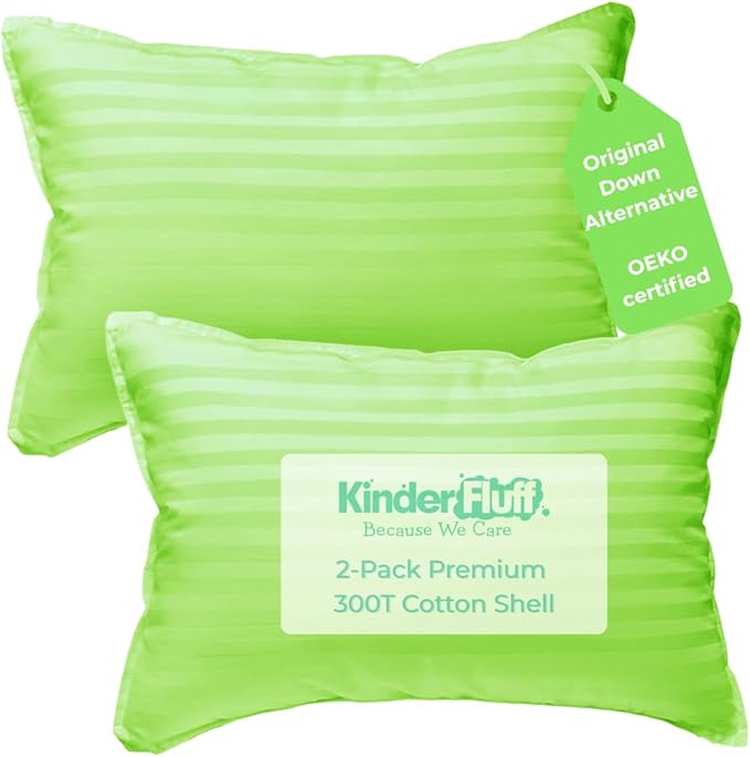 kinder Fluff Pre-Teen Pillows (2-Pack) 17x26in – Pillows for Kids Age 12+, 100% Cotton Sateen Stripes 300T, Down Alternative Fill, Machine Washable – Travel Cushions – Green – XL