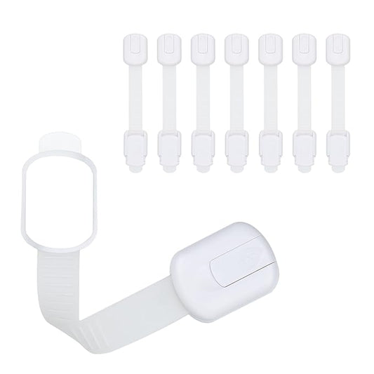 Child Safety Cabinet Locks (8 Pack) – Adjustable Baby Proofing Strap Latches with Strong 3M Adhesive – No Drill Childproof Locks for Drawers, Cabinets, Fridge, Door, Closet, White