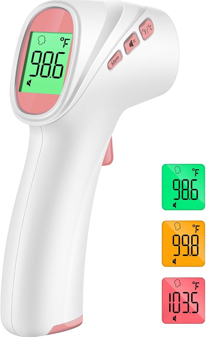 Forehead Thermometer for Adults, Kids & Babies, No-Touch Digital Thermometer with LCD Backlight Display, Fever Alarm and 1s Instant Reading - Pink