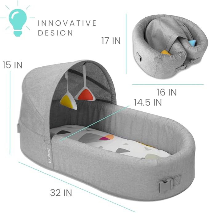 Lulyboo Portable Baby Travel Lounge & Playpen - Indoor/Outdoor Cuddle & Play Baby Bed, Adjustable Backpack, Waterproof, Lightweight, Includes Changing Pads, Plush Toys & Removable Canopy (Metro)