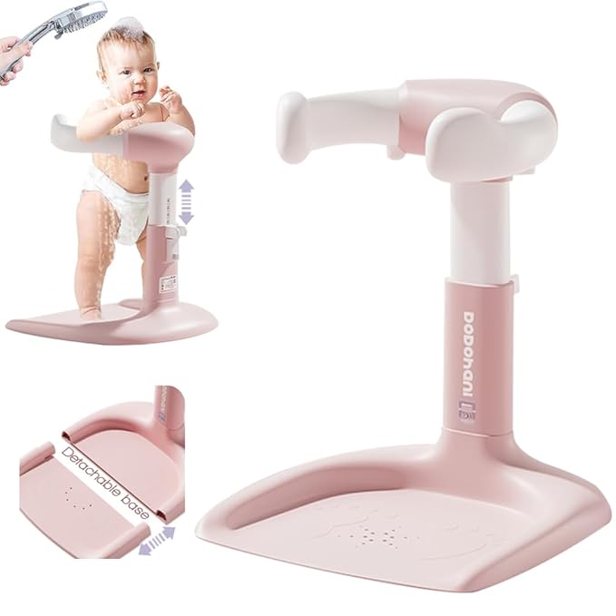 Baby Shower Stand 2025 Upgraded, Removable base, Shower Standing Support with Adjustable Height and Armrest, Bath Stand with Anti-Skip and Shower Head Holder, Ideal Gift for Infants 6-36 Months (pink)