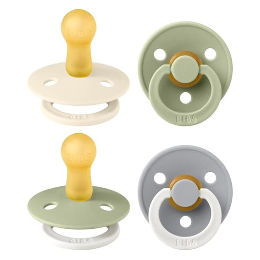 BIBS Colour Soother 4-Pack | BPA Free Dummy Pacifier | Round Nipple | Natural Rubber Latex | Made in Denmark | Size 6-18 Months | Sage Glow Mix