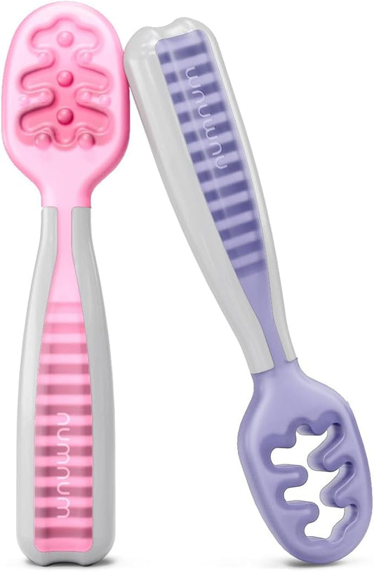 NumNum Baby Spoons Set, Baby Essentials Pre-Spoon GOOtensils for 6+ Months, First Stage Self-Feeding Spoons for Baby Led Weaning (BLW), Silicone Toddler Utensils, BPA-Free, 2 Pack Frosty Lilac/Rosebud