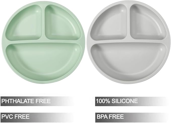 PandaEar Silicone Baby Feeding Set| 2 Pack Silicone Divided Suction Plate with 2 Pack Spoons | Baby Led Weaning Supplies Self Feeding Eating Utensils (Green/Grey)