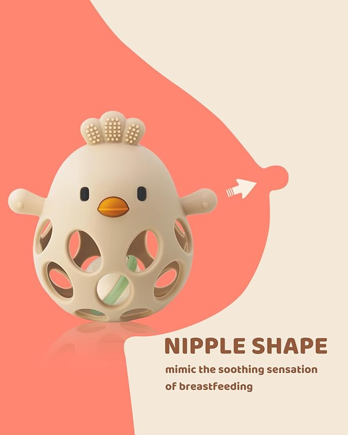 ChooKaChoo 2-in-1 Baby Teething Rattle Toy, Sensory Grasping Teether for Infants 3-12 Months, 100% Food-Grade Silicone, Easy to Hold, Soothing & Developmental, BPA Free