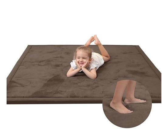 Huloo Sleep Baby Play Mat for Floor,1.3" Thick Elasti-Foam 50x50 Playpen Mat for Toddlers Infant Kids,Water-Repellent Soft Coral Velvet Tummy Time Mat,Non Slip Crawling Mat,Tatami Mat(Dark Brown)