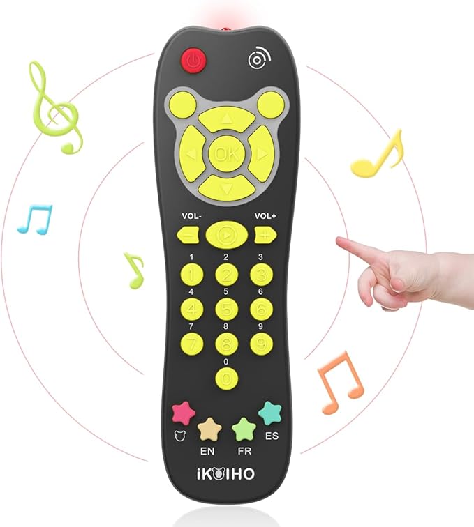 Baby Remote Control Toy, Realistic Toddler TV Remote Toy with Light Sound Kid Learning Education Musical Toys with English French Spanish Infant Gift for Boys Girls 6M+ (Black)