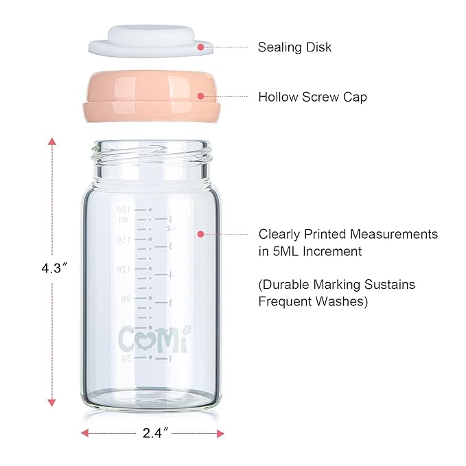 COMI Wide Neck Glass Breastmilk Collection n Storage Bottle, 4 Packs, 6oz with Screw Ring Sealing Disk; Re-markable Sealing Disc. BPA Free, Fits Breast Pumps & Nipples (4 Pink Lids)