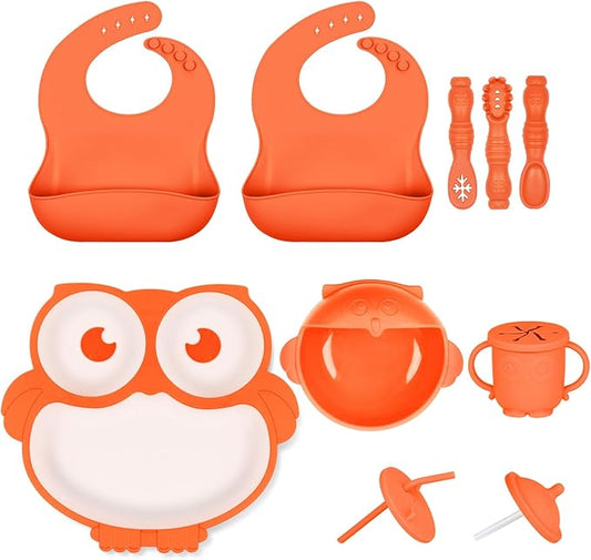 Silicone Baby Feeding Set 13 Piece, Baby Led Weaning Feeding Supplies, Strong Suction Bowl & Plate, Adjustable Bibs, 4-in-1 Cup, Silicone Spoon, Food-grade Silicone (Orange with white)