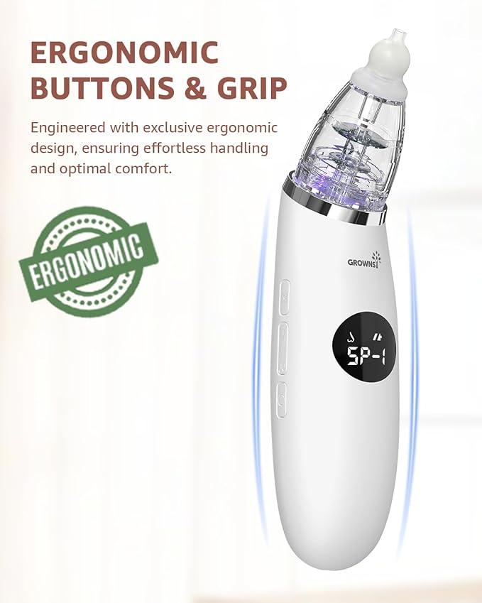 GROWNSY Nasal Aspirator for Baby | Baby Nose Sucker | Electric Nose Suction for Toddler, Ergonomic Booger Sucker with 3 Silicone Tips, Music & Light Soothing Function(White)